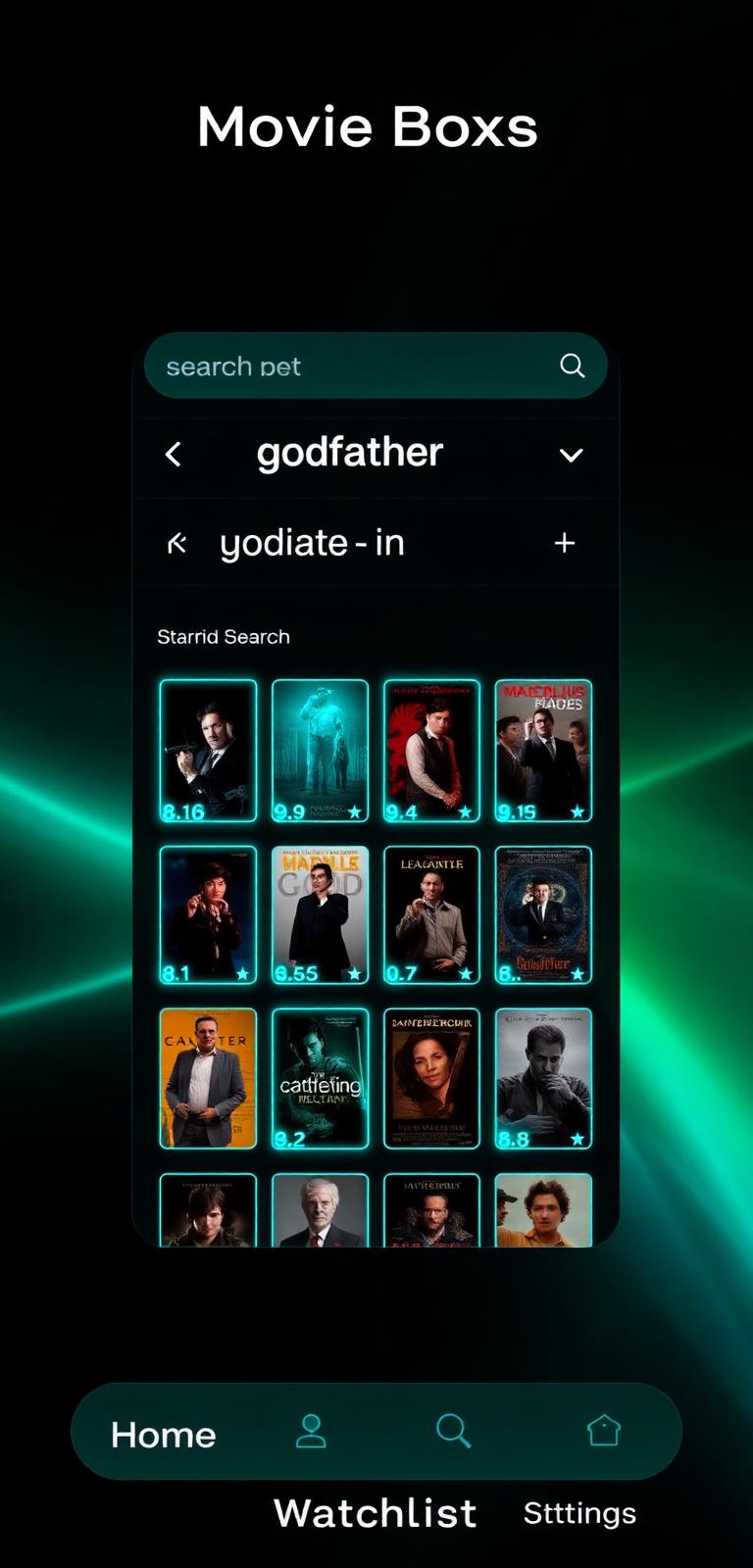 Movie Boxes search screen showing a grid of movie posters with ratings