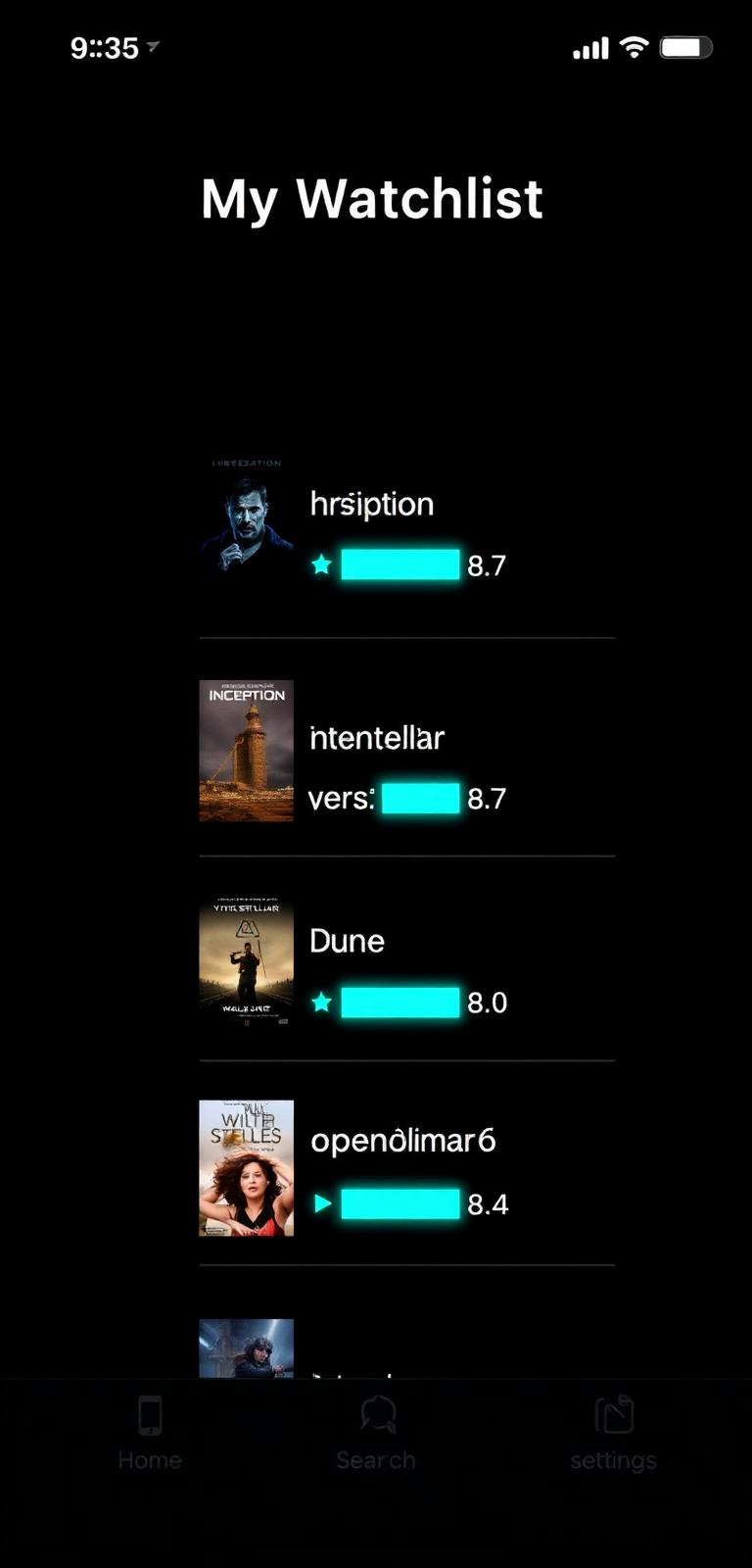 Movie Boxes watchlist screen listing saved movies with star ratings